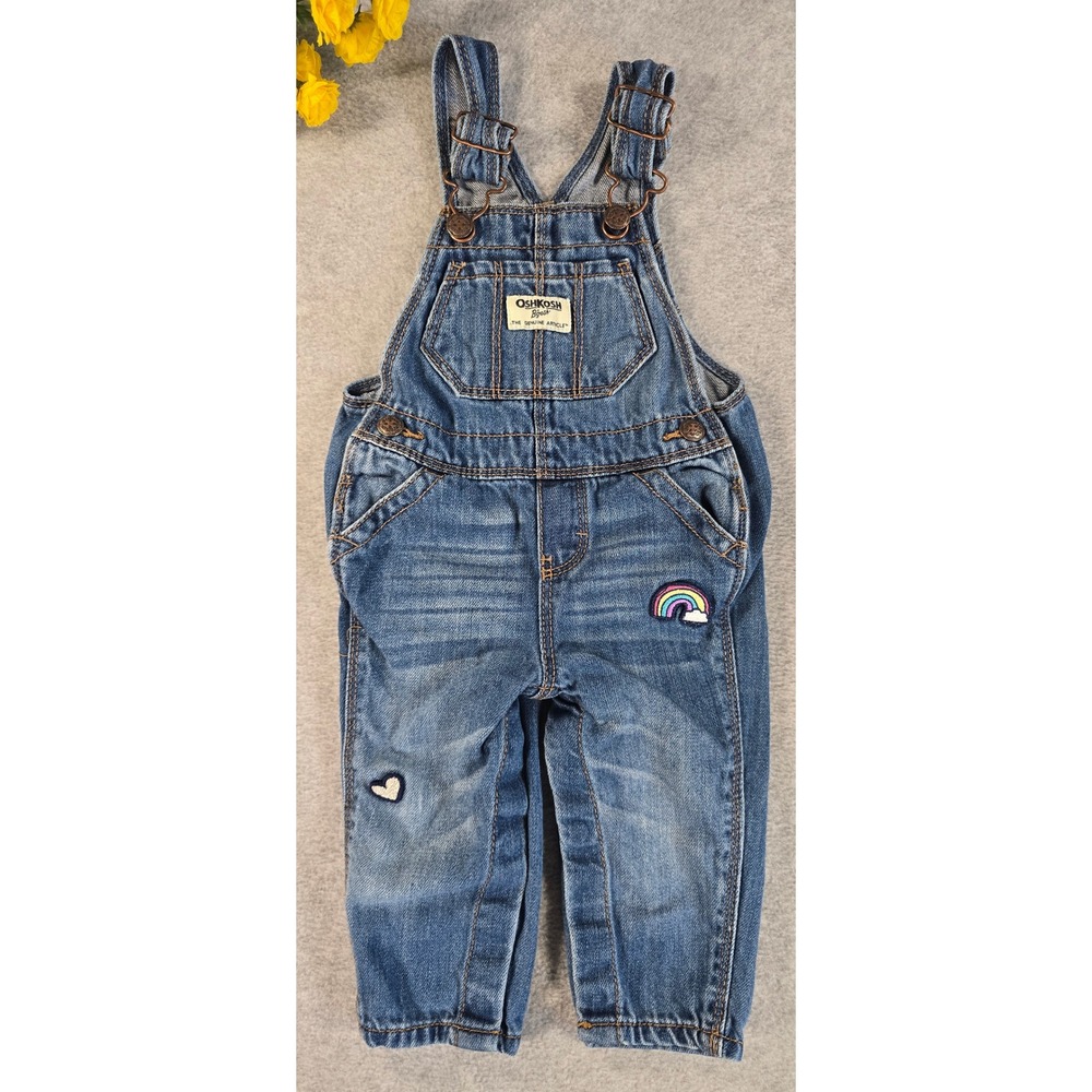 OshKosh Denim Overalls Baby 6-9m Blue Rainbow Heart Patch Embroidered Classic